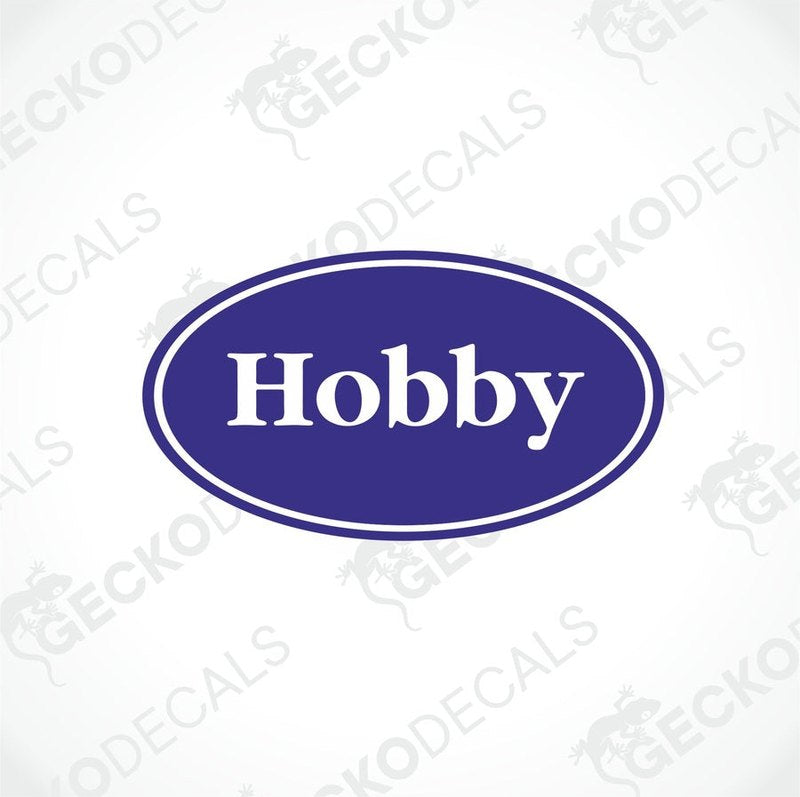 A blue and white vehicle decal with the word 'HOBBY' printed on it.