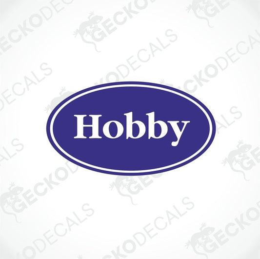 A blue and white vehicle decal with the word 'HOBBY' printed on it.