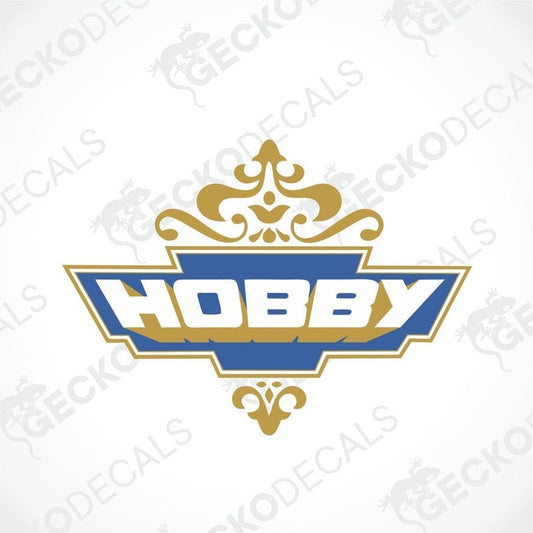A printed die cut sticker with the word 'HOBBY' in bold letters and a decorative border.