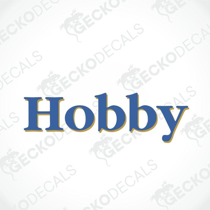 A blue die cut decal with the word 'HOBBY' printed in bold letters, with a Gecko Decals logo at the top.