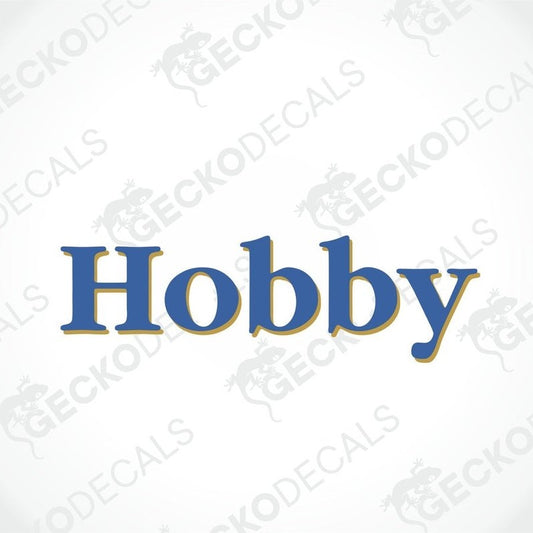 A blue die cut decal with the word 'HOBBY' printed in bold letters, with a Gecko Decals logo at the top.