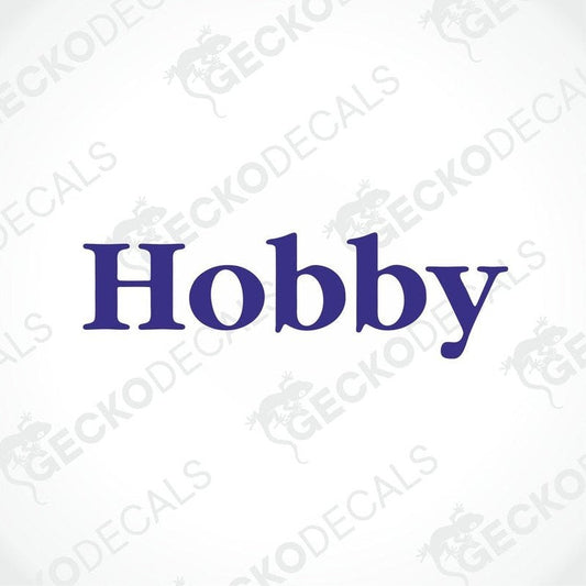 A die cut decal with the word 'Hobby' printed in bold blue letters, designed for use on vehicles such as caravans.
