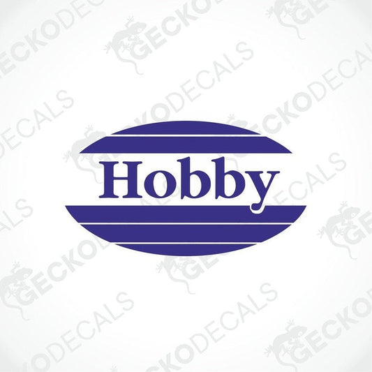 A blue, white, and black 'HOBBY' brand decal from Gecko Decals.