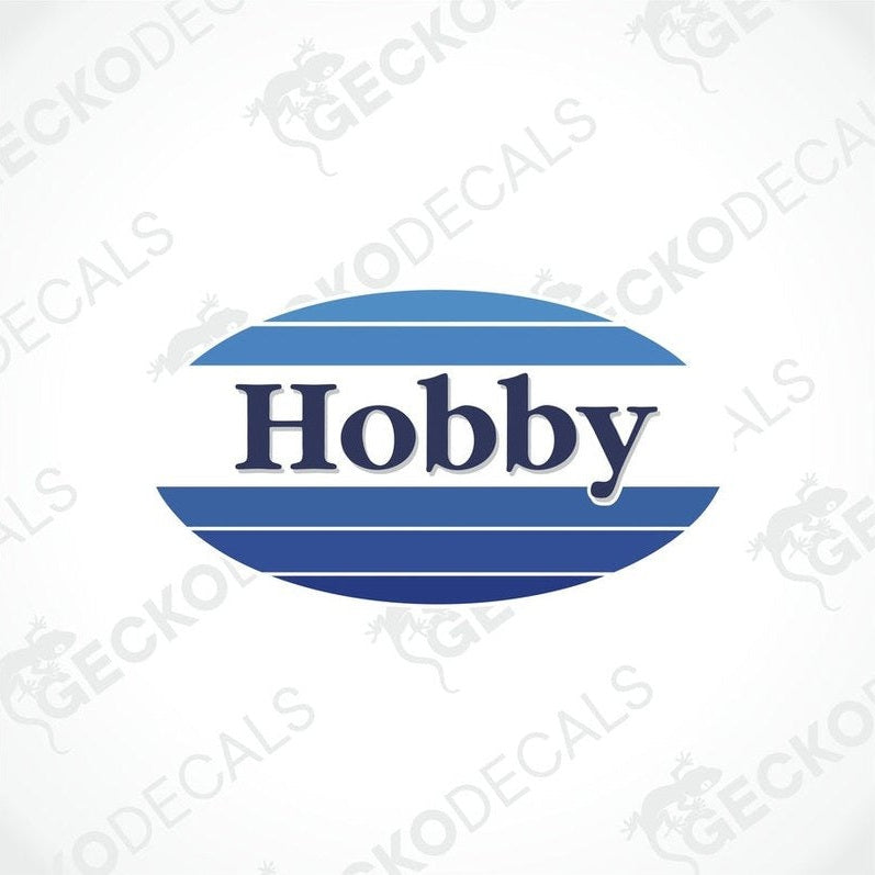 A decal with the word 'Hobby' printed in blue oval shape on a white background.
