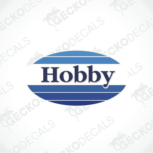 A decal with the word 'Hobby' printed in blue oval shape on a white background.