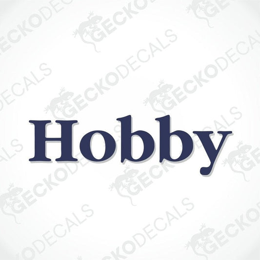 A printed and laminated die cut decal with the word 'Hobby' on a white background, intended for use on vehicles such as caravans.