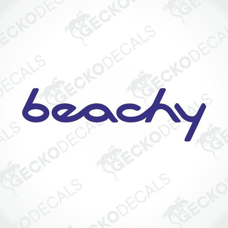A blue die cut sticker with the word 'beachy' on a white background.