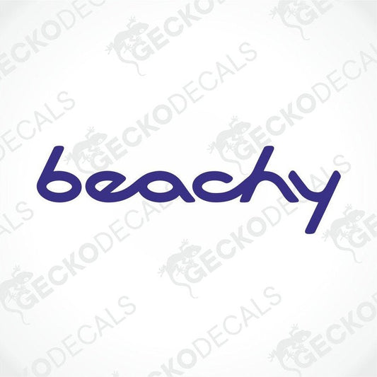 A blue die cut sticker with the word 'beachy' on a white background.
