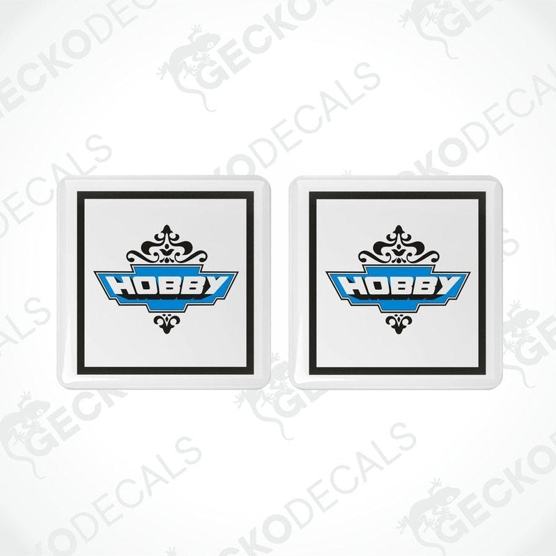 Set of two blue and black HOBBY epoxy resin decals with domed polyurethane coating