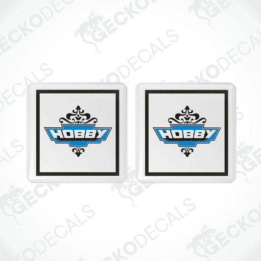 Set of two blue and black HOBBY epoxy resin decals with domed polyurethane coating
