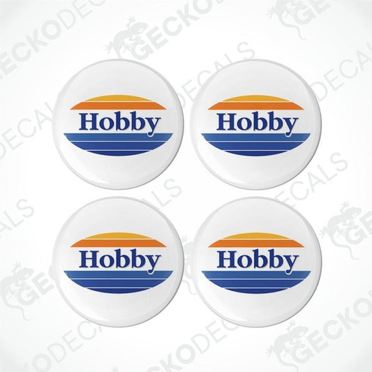 Four circular white vinyl decals with the word 'Hobby' and a colorful geometric design.