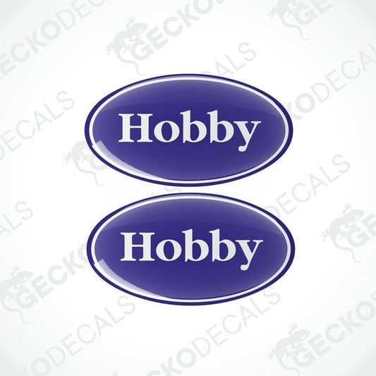 Two blue vinyl stickers with the word 'HOBBY' in the center.