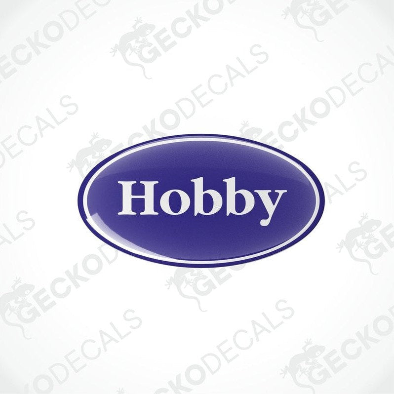 Two blue vinyl stickers with the word 'HOBBY' in the center.