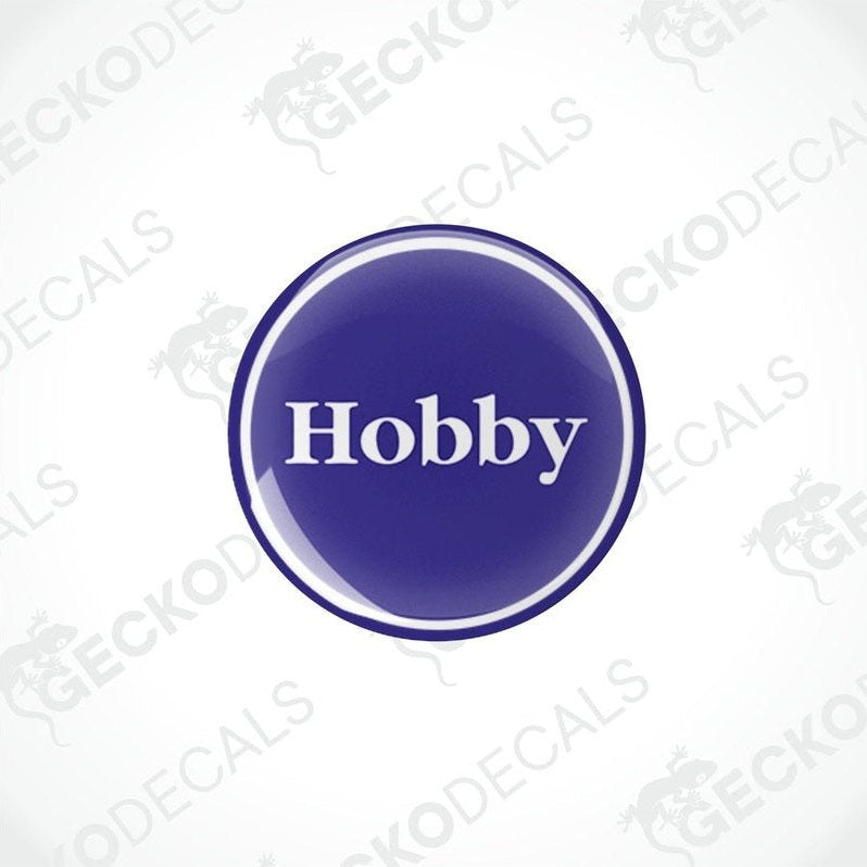 Two blue vinyl stickers with the word 'HOBBY' in the center, placed against a white background with the Gecko Decals logo.