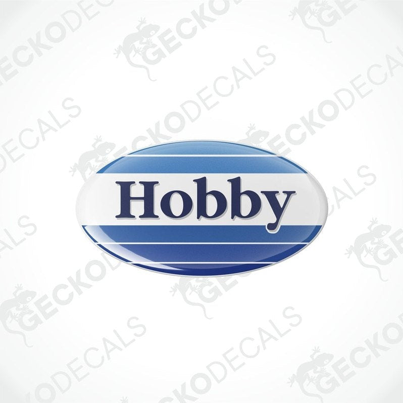 Two blue and white round vinyl stickers with the word 'HOBBY' in the center.