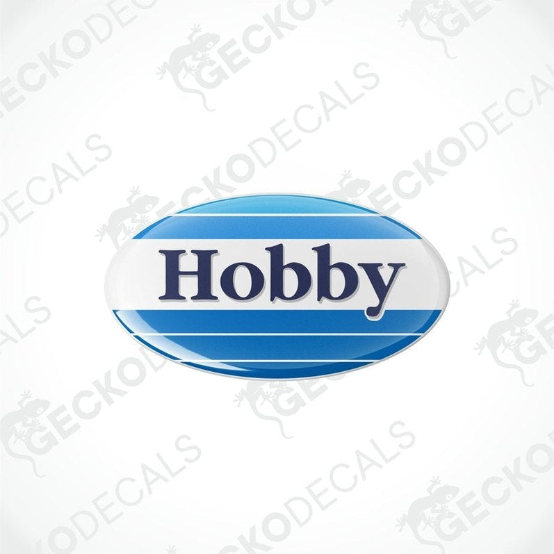 Two blue and white round vinyl stickers with the word 'HOBBY' in the center.