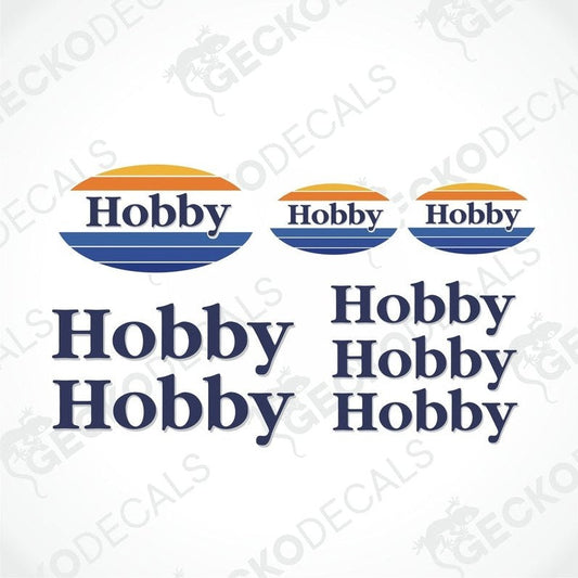 A set of vehicle decals with the word 'HOBBY' in bold capital letters, designed for use on caravans.