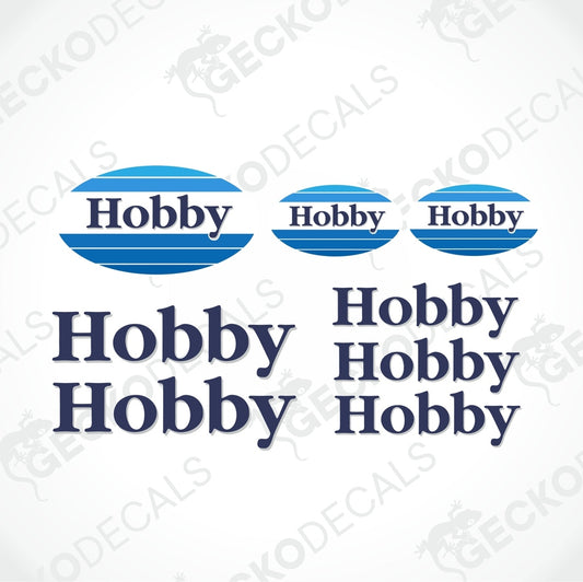 Set of die cut stickers with the word 'Hobby' and related logos, in blue and white colors.