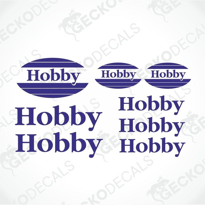 A set of three blue and white 'HOBBY' brand logos of different sizes, delivered on transfer paper, intended for use on caravans.