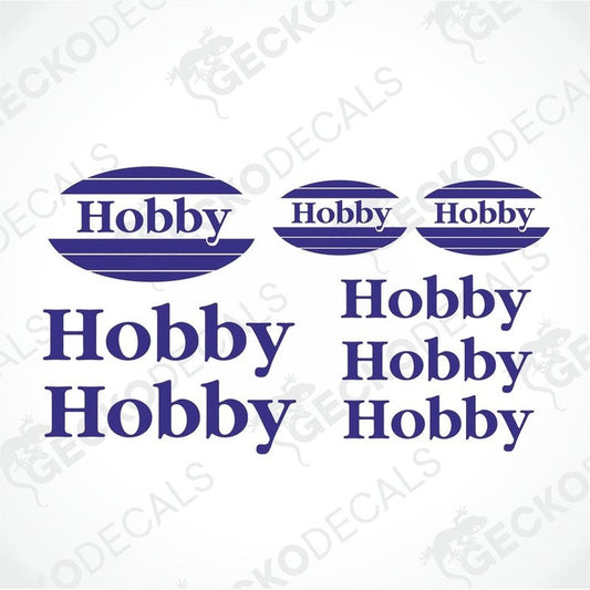 A set of three blue and white 'HOBBY' brand logos of different sizes, delivered on transfer paper, intended for use on caravans.