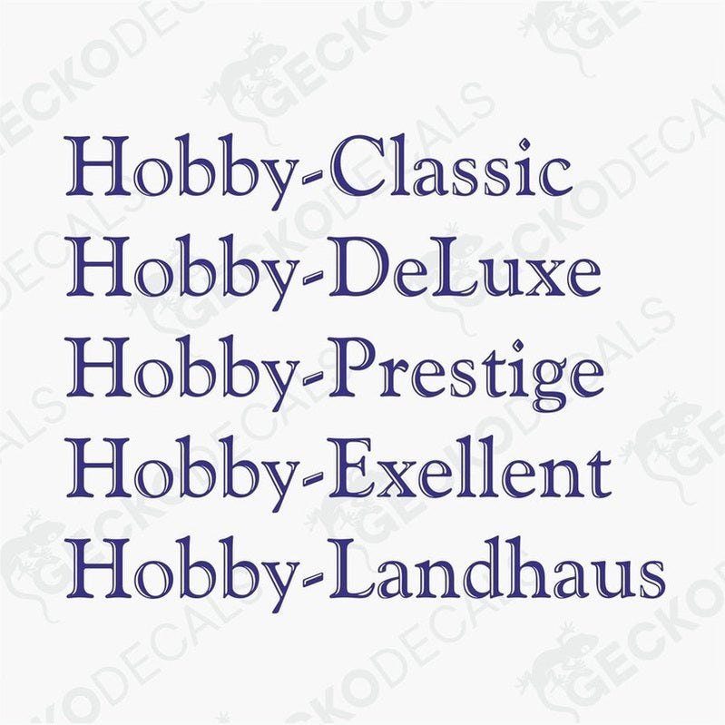 A set of blue text stickers with various hobby-related words, such as 'Classic', 'DeLuxe', 'Prestige', 'Exellent', and 'Landhaus'.
