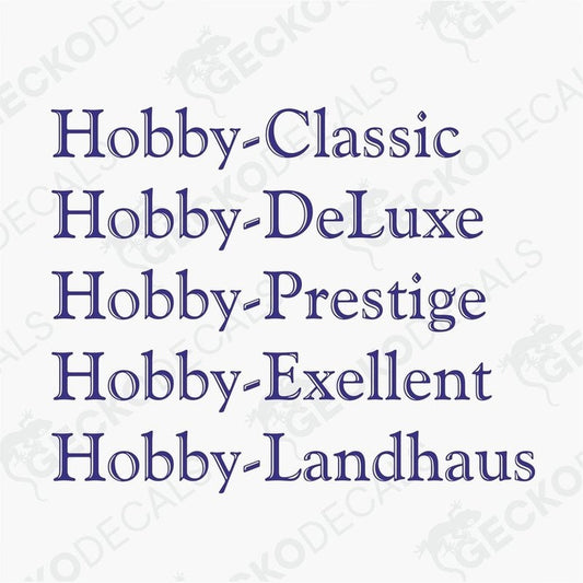 A set of blue text stickers with various hobby-related words, such as 'Classic', 'DeLuxe', 'Prestige', 'Exellent', and 'Landhaus'.