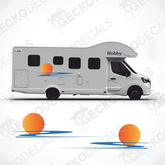 A set of decals for a Hobby caravan, including side decals with a pattern, an oval logo, and text decals.