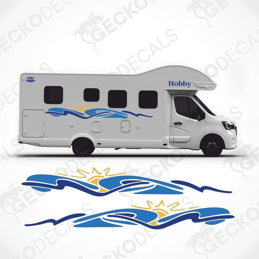A white Hobby motorhome with blue and yellow decals featuring sea waves and sun motifs.