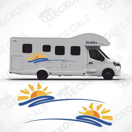 A white caravan with 'HOBBY' text and sun design decals on the side.