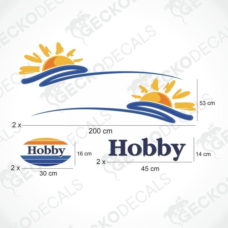 Hobby brand decal with sun and wave design, dimensions shown.