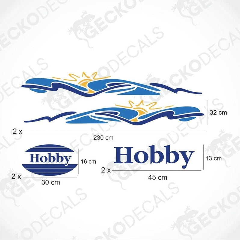 Hobby caravan sticker set with blue wave and sun side decals plus Hobby logos