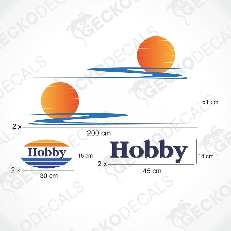 A set of decals for a Hobby caravan, including side decals with a pattern, an oval logo, and text decals.