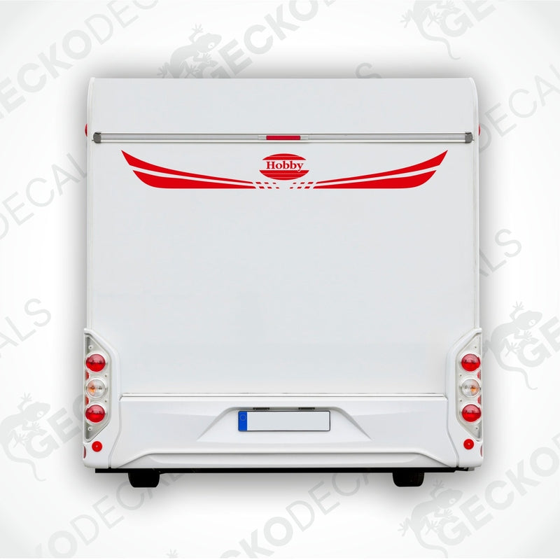 A white Hobby brand rear decal for a caravan, with red and gray detailing.