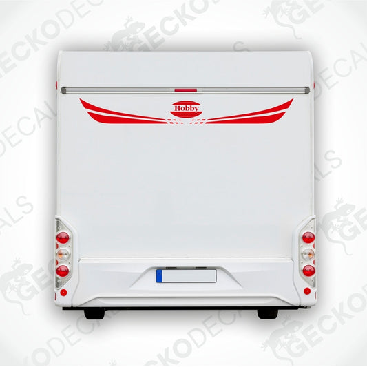 A white Hobby brand rear decal for a caravan, with red and gray detailing.
