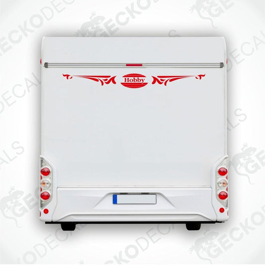 A white Hobby brand decal for a caravan with red detailing and the Hobby logo.