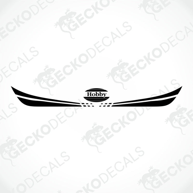 A white Hobby brand rear decal for a caravan, with red and gray detailing.