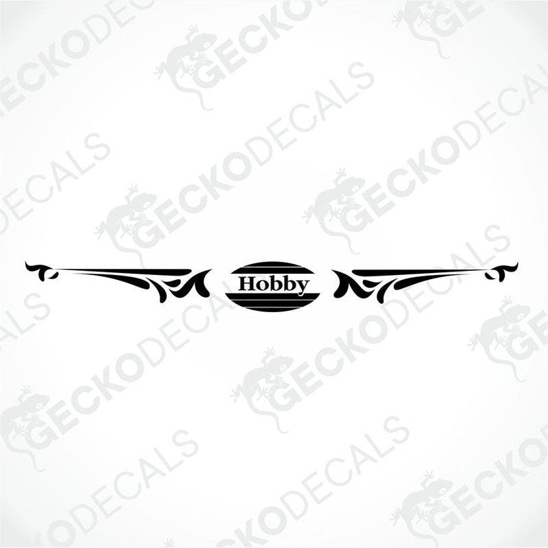 A white Hobby brand decal for a caravan with red detailing and the Hobby logo.