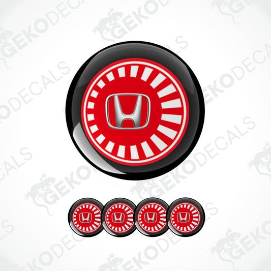 A set of four red and white vinyl stickers with a Honda logo, designed for use as car decals.