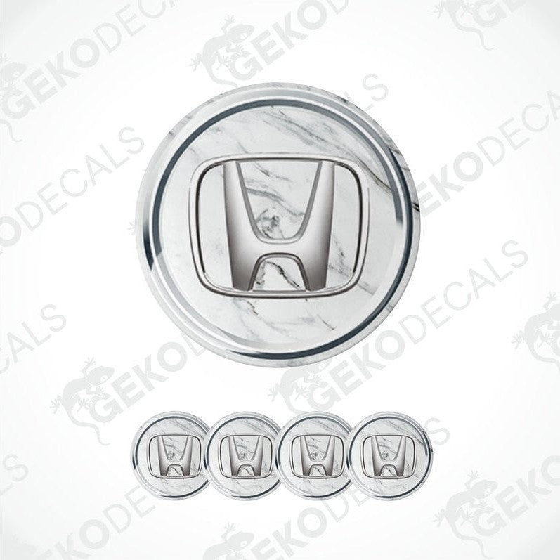 A set of four silver-colored vinyl stickers with a marble pattern design, including a sticker for a car's wheel cap.