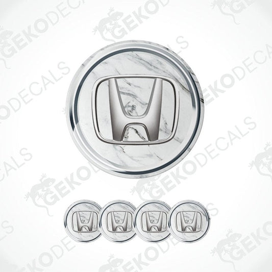 A set of four silver-colored vinyl stickers with a marble pattern design, including a sticker for a car's wheel cap.