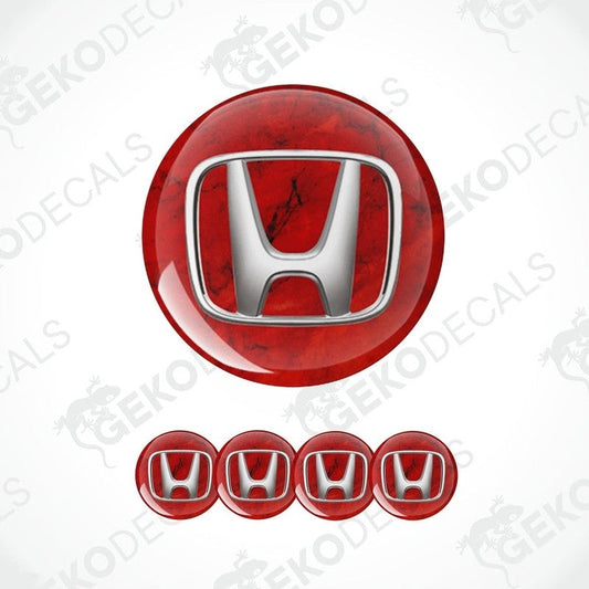 A set of four red vinyl stickers with a Honda logo, designed for use as car decals.
