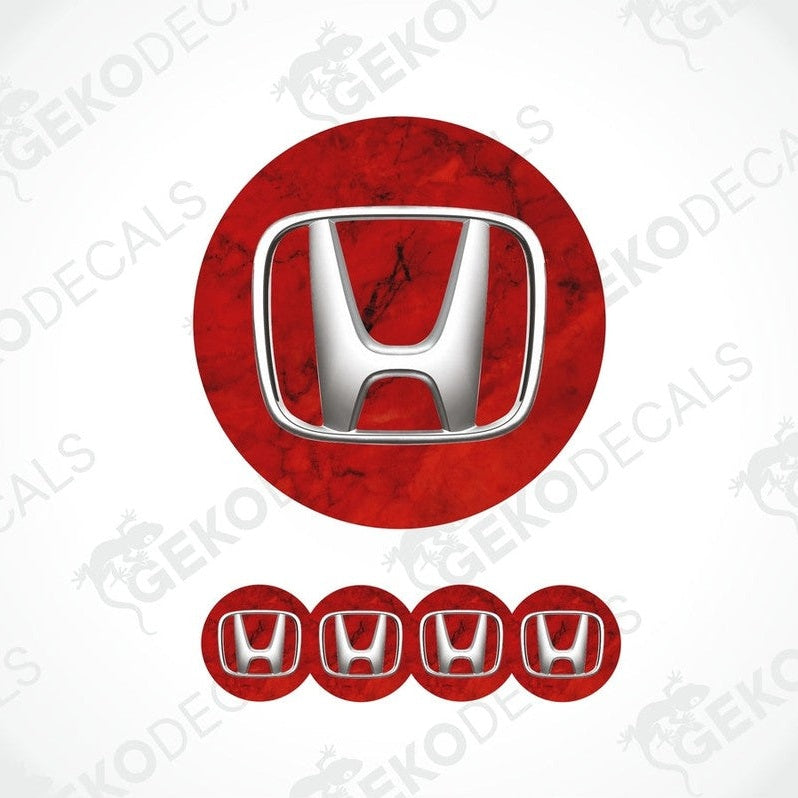A set of four red vinyl stickers with a Honda logo, designed for use as car decals.