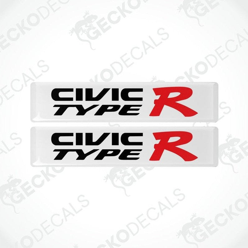 Two white decals for HONDA CIVIC TYPE R, predominantly red and black in color, designed for vehicle usage.