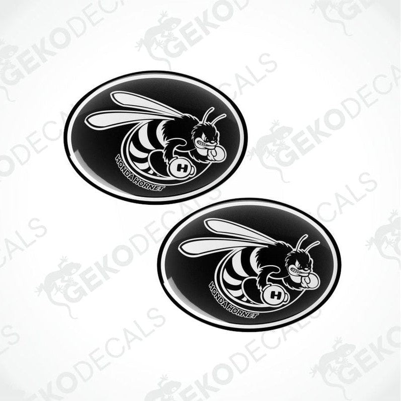 Two black and white bee logo Honda Hornet decal stickers on a white background with 'Gecko Decals' branding.