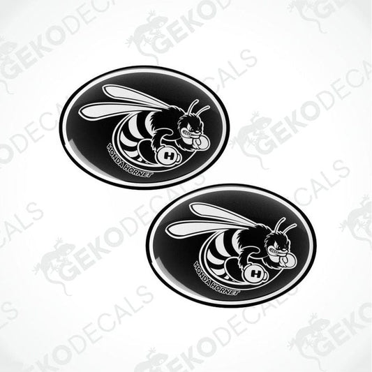 Two black and white bee logo Honda Hornet decal stickers on a white background with 'Gecko Decals' branding.