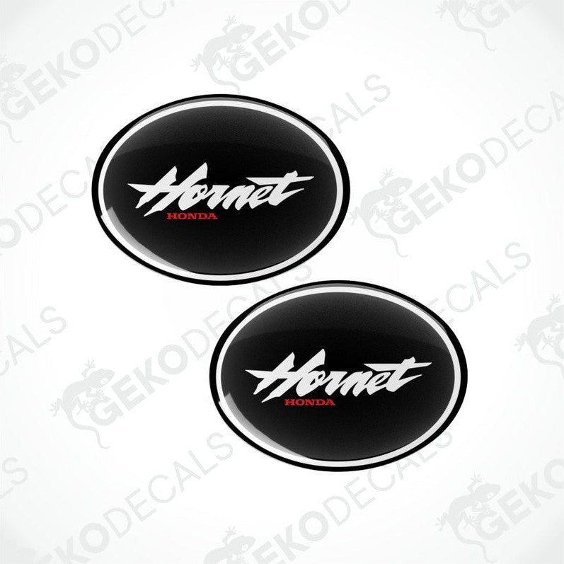 Two black oval stickers with 'Honda Hornet' text on a white background.
