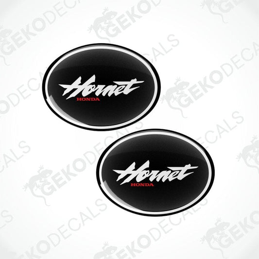 Two black oval stickers with 'Honda Hornet' text on a white background.