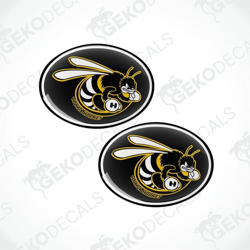 Two oval stickers with a bee design Honda Hornet on a white background with 'Geckodecals' branding.