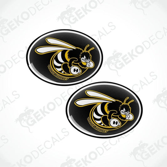 Two oval stickers with a bee design Honda Hornet on a white background with 'Geckodecals' branding.