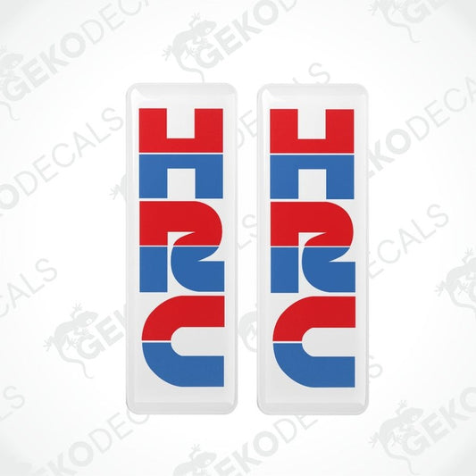 Two HRC decals with red and blue design on a white background